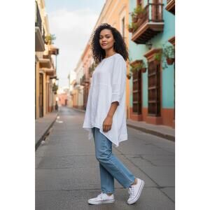 NICHE Nilgun Derman White Boat Neck Linen Top Pointed Sides Sz XL